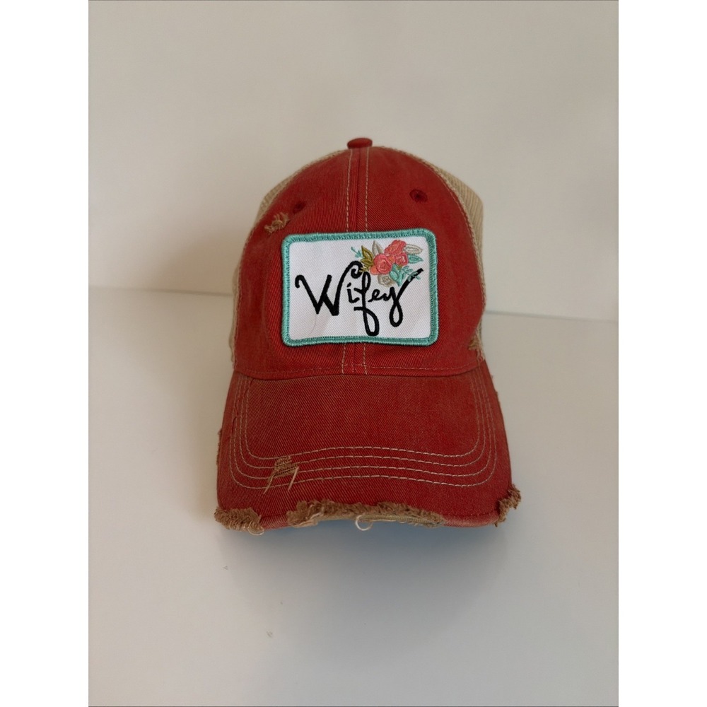 Judith March "Wifey" Floral Patch Distressed Trucker Hat In Red